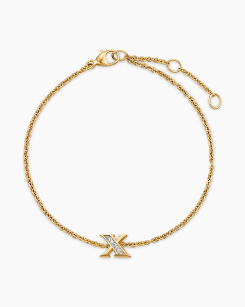 Womens Petite Pavé Initial Chain Bracelet in 18K Yellow Gold with Diamond X