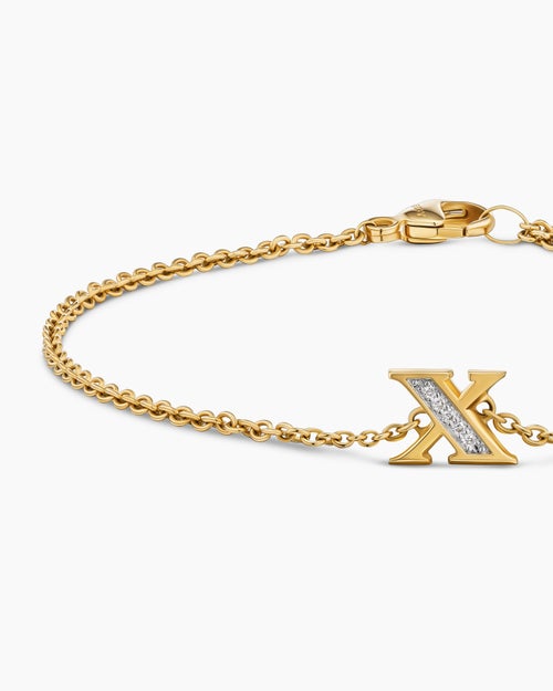 Womens Petite Pavé Initial Chain Bracelet in 18K Yellow Gold with Diamond X