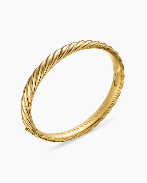 Womens Sculpted Cable Bangle Bracelet in 18K Yellow Gold, 8mm