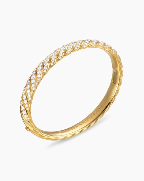 Womens Sculpted Cable Bangle Bracelet in 18K Yellow Gold with Diamonds, 8mm