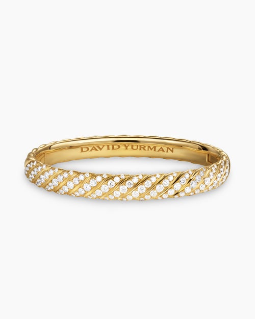 Womens Sculpted Cable Bangle Bracelet in 18K Yellow Gold with Diamonds, 8mm