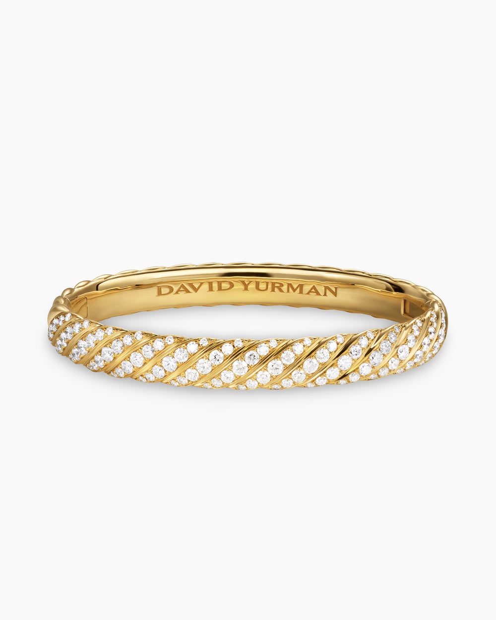 Womens Sculpted Cable Bangle Bracelet in 18K Yellow Gold with Diamonds, 8mm