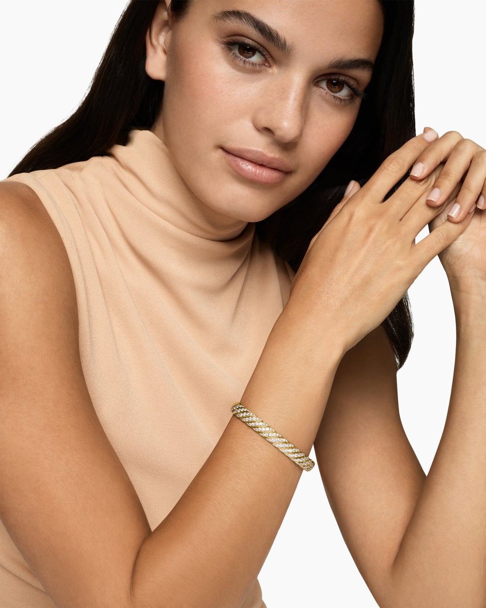Womens Sculpted Cable Bangle Bracelet in 18K Yellow Gold with Diamonds, 8mm