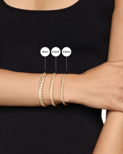 Womens Sculpted Cable Bangle Bracelet in 18K Yellow Gold with Diamonds, 8mm