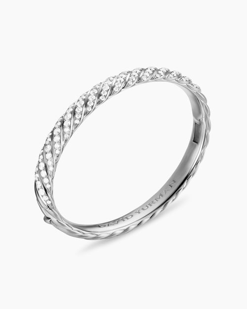 Womens Sculpted Cable Bangle Bracelet in 18K White Gold with Diamonds, 8mm