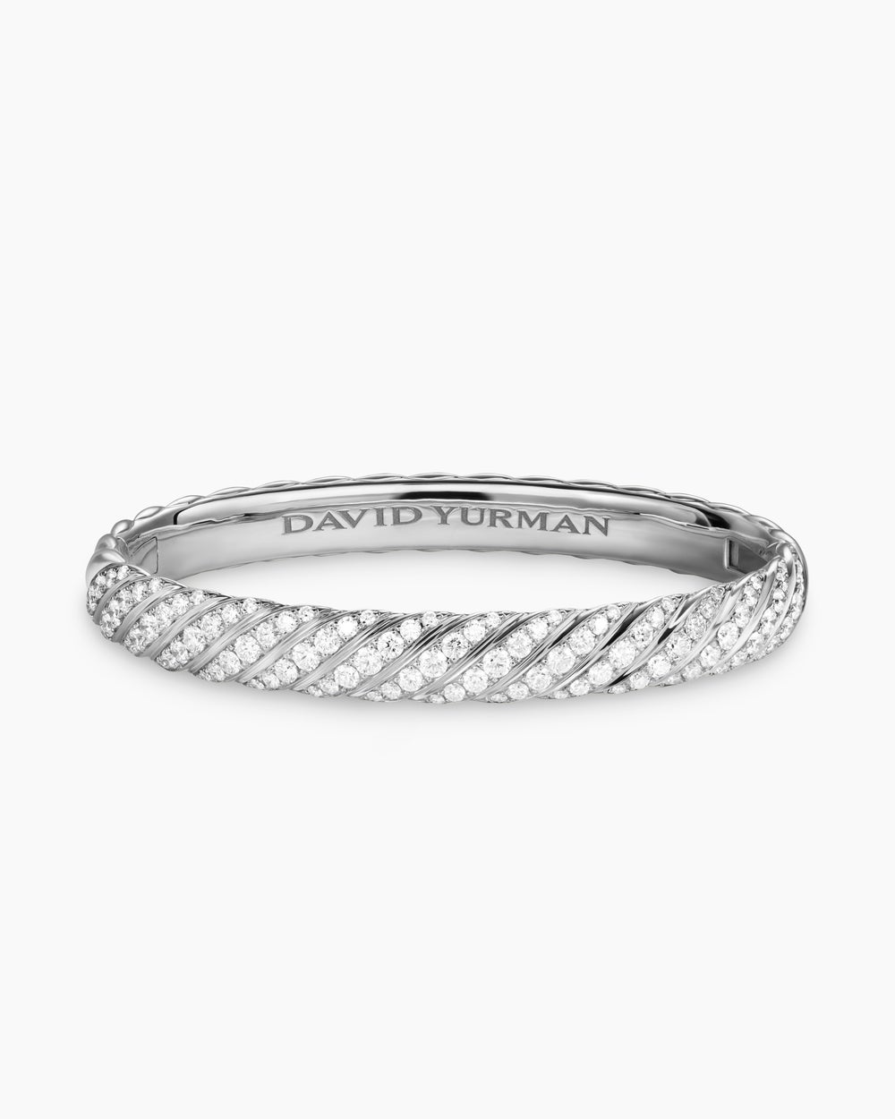 Womens Sculpted Cable Bangle Bracelet in 18K White Gold with Diamonds, 8mm