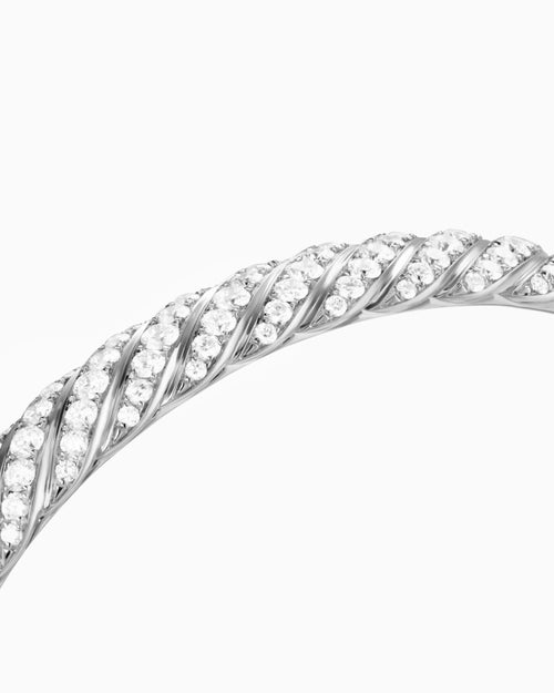 Womens Sculpted Cable Bangle Bracelet in 18K White Gold with Diamonds, 8mm