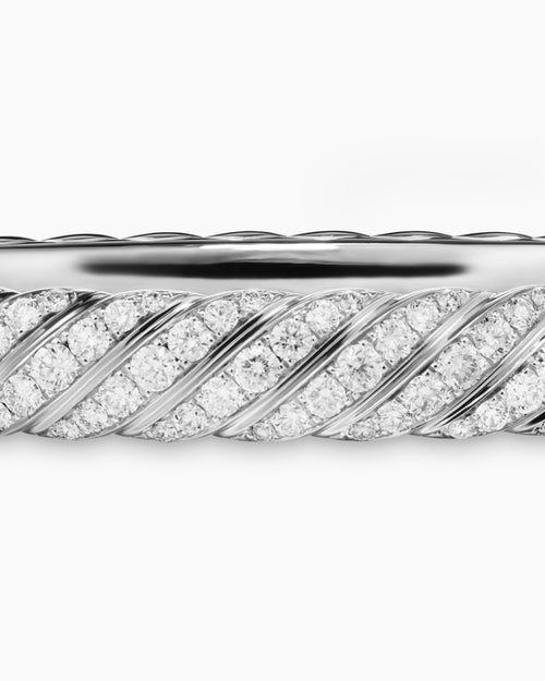 Womens Sculpted Cable Bangle Bracelet in 18K White Gold with Diamonds, 8mm