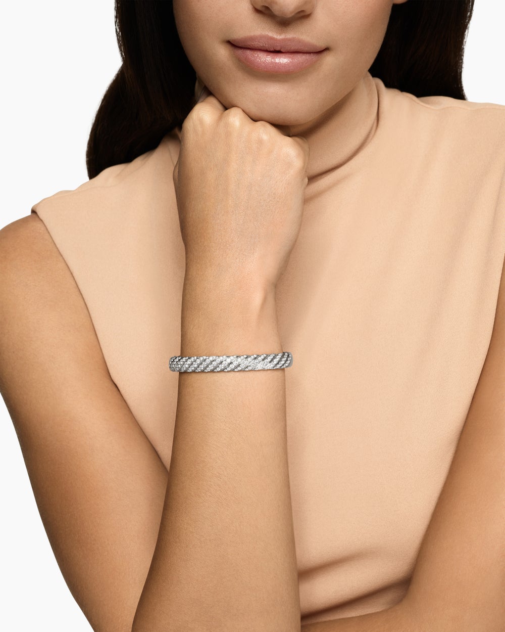 Womens Sculpted Cable Bangle Bracelet in 18K White Gold with Diamonds, 8mm