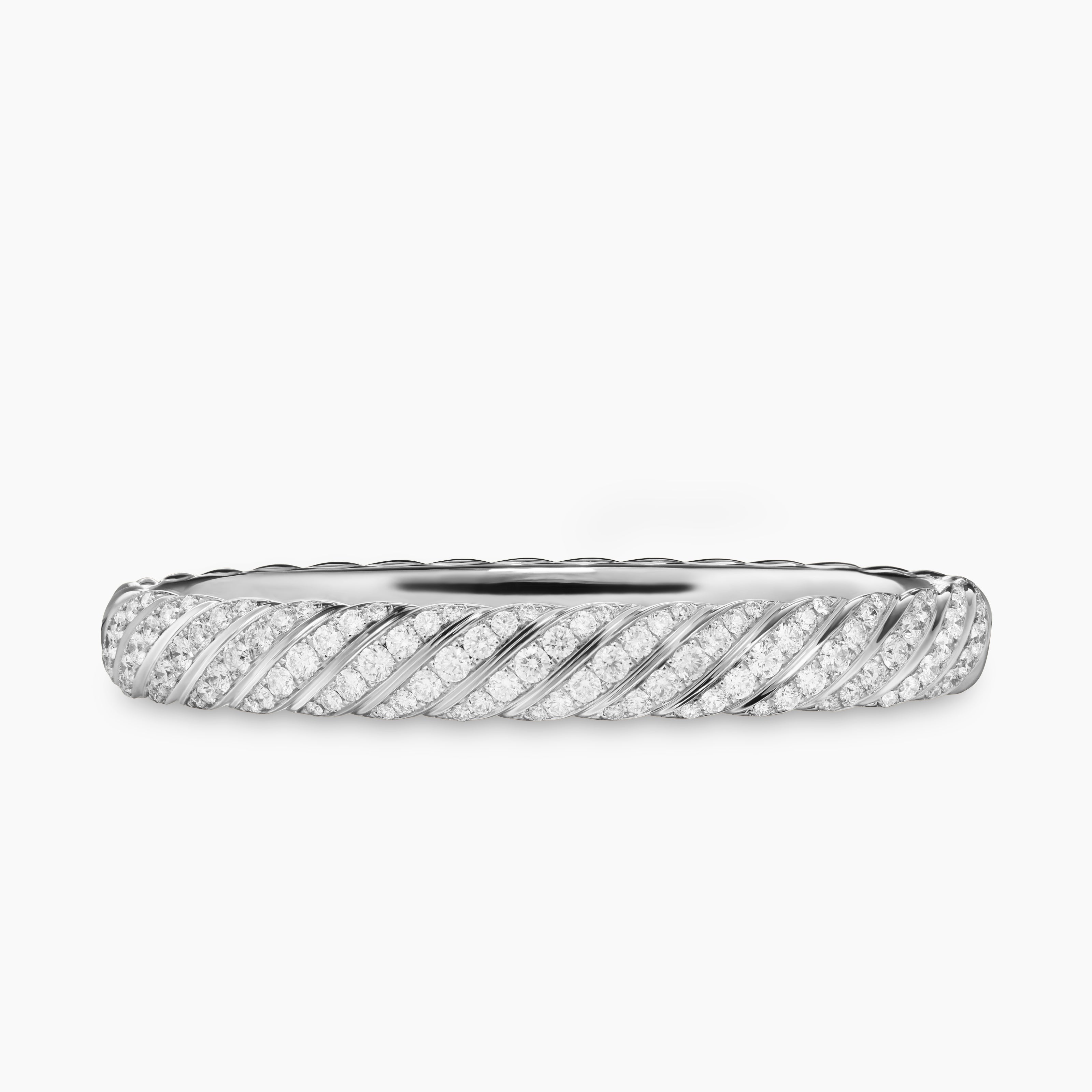 Womens Sculpted Cable Bangle Bracelet in 18K White Gold with Diamonds, 8mm
