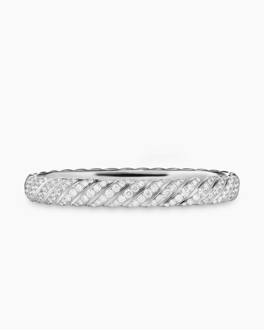 Womens Sculpted Cable Bangle Bracelet in 18K White Gold with Diamonds, 8mm
