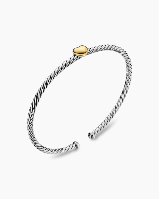 Micro Cable Flex® Heart Station Bracelet in Sterling Silver with 14K Yellow Gold, 2.6mm