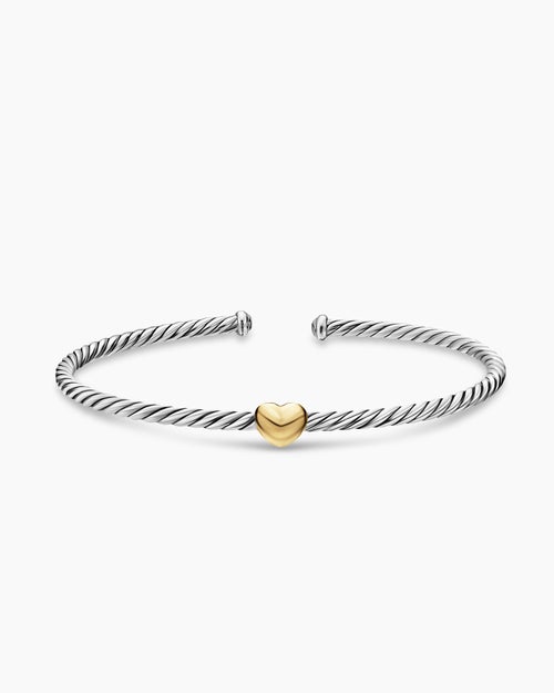 Womens Micro Cable Flex Heart Station Bracelet in Sterling Silver with 14K Yellow Gold, 2.6mm