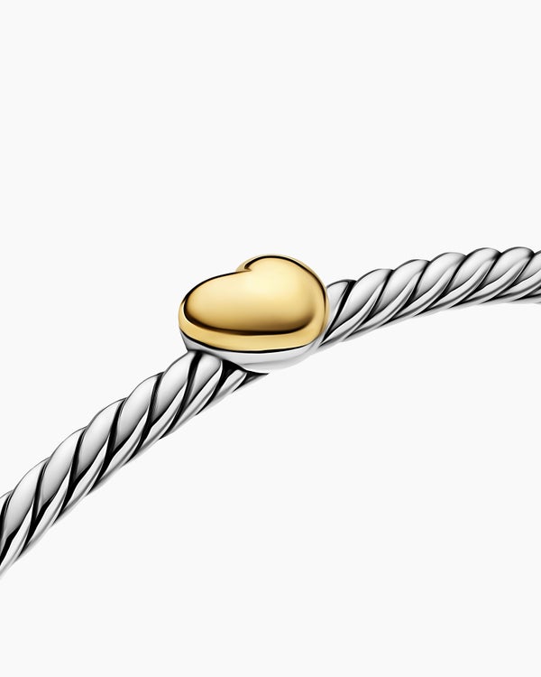 Micro Cable Flex Heart Station Bracelet in Sterling Silver with 14K Yellow Gold, 2.6mm