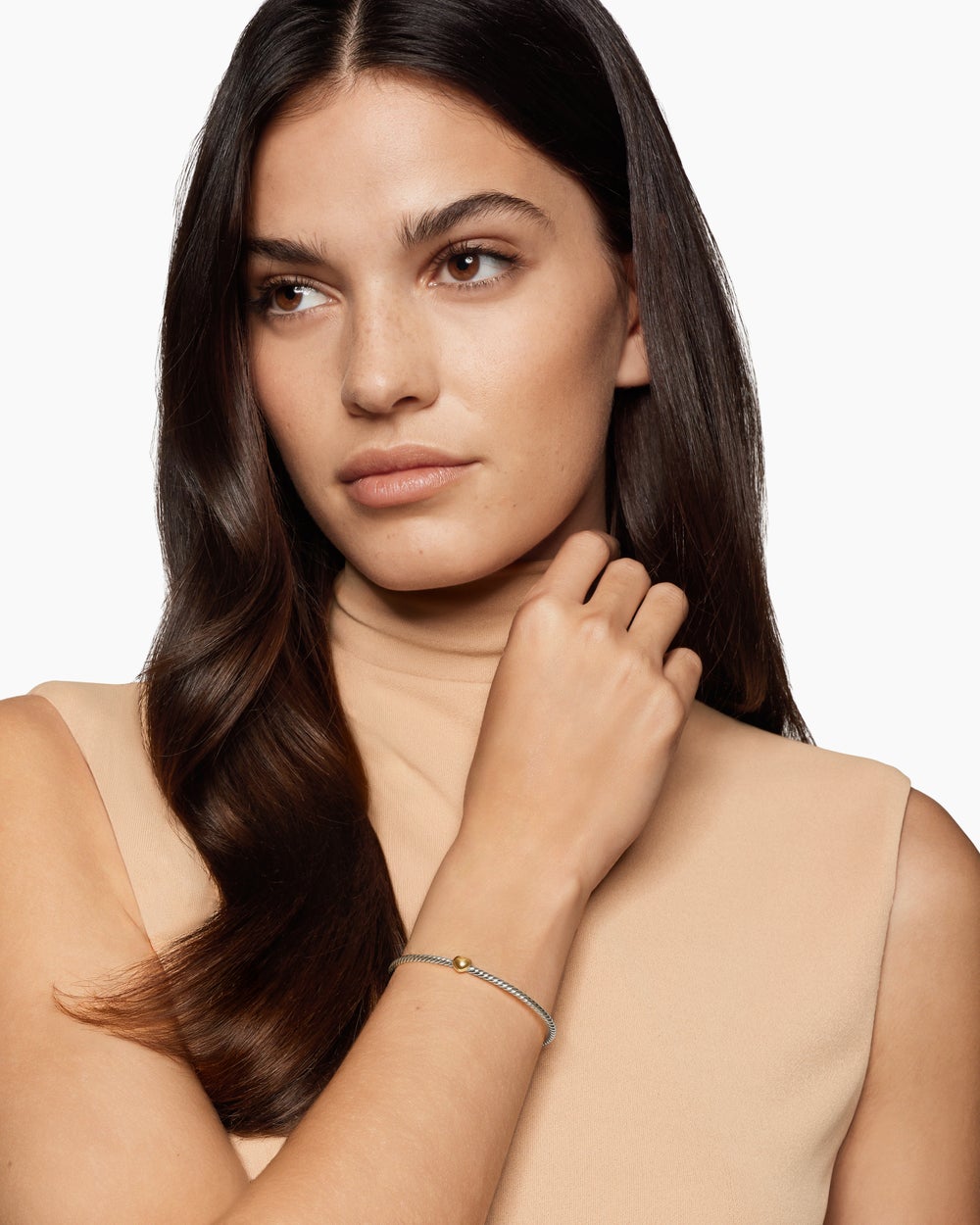 Womens Micro Cable Flex® Heart Station Bracelet in Sterling Silver with 14K Yellow Gold, 2.6mm