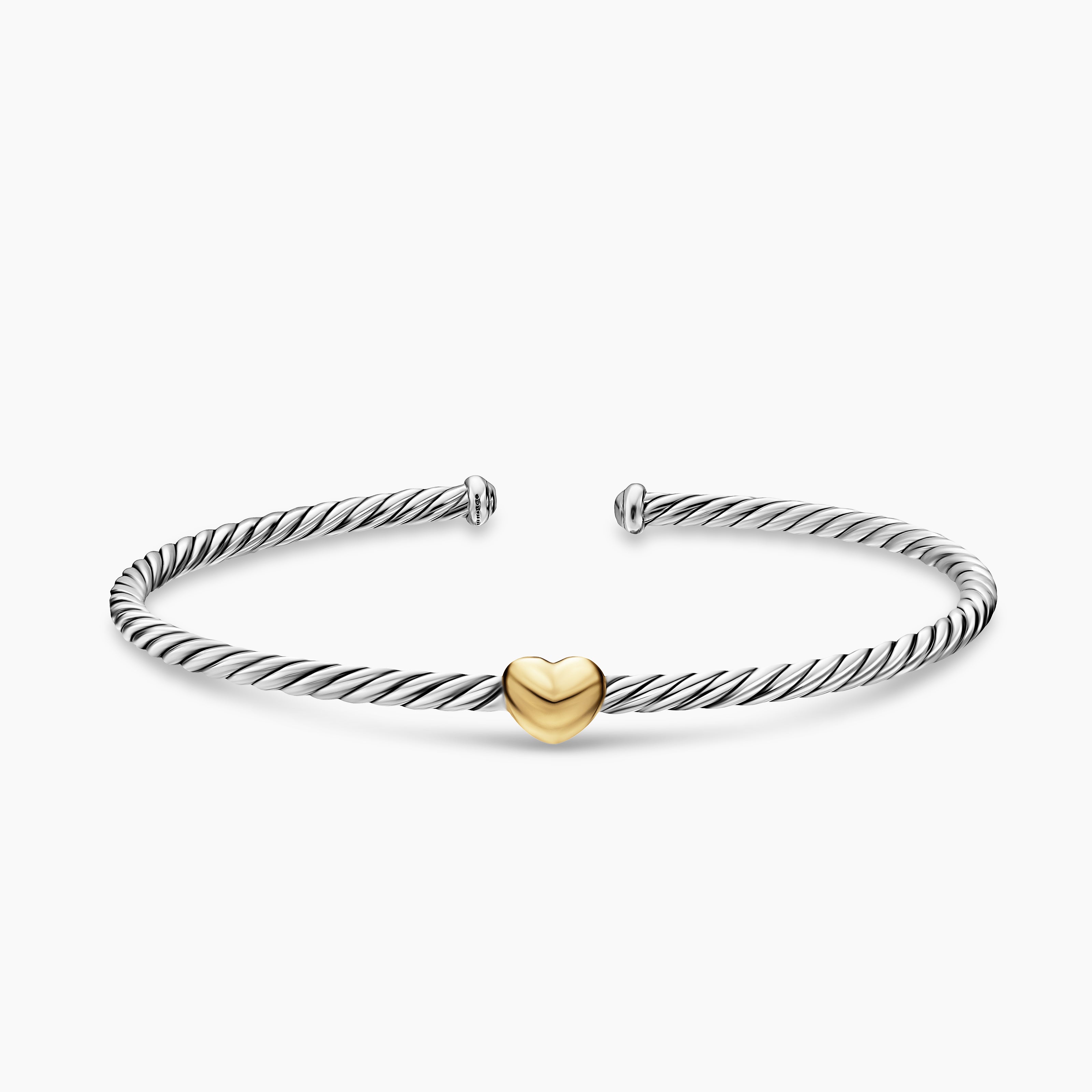 Womens Micro Cable Flex&reg; Heart Station Bracelet in Sterling Silver with 14K Yellow Gold, 2.6mm