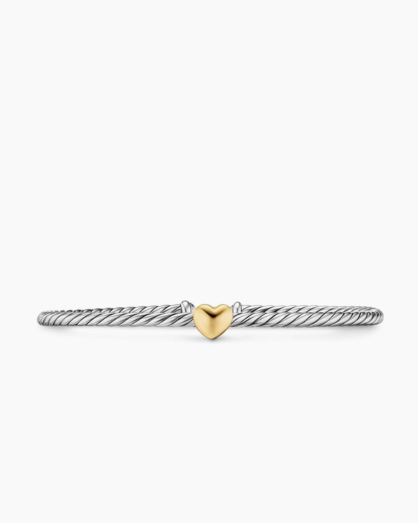 Micro Cable Flex Heart Station Bracelet in Sterling Silver with 14K Yellow Gold, 2.6mm