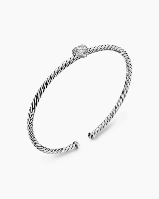 Micro Cable Flex® Heart Station Bracelet in Sterling Silver with Diamonds, 2.6mm
