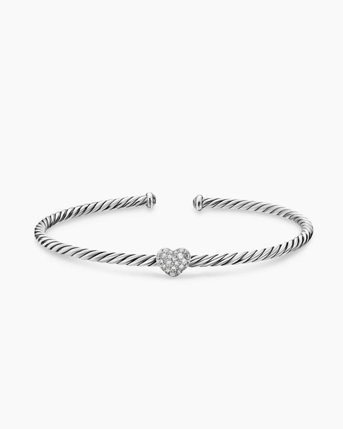 Womens Micro Cable Flex Heart Station Bracelet in Sterling Silver with Diamonds, 2.6mm