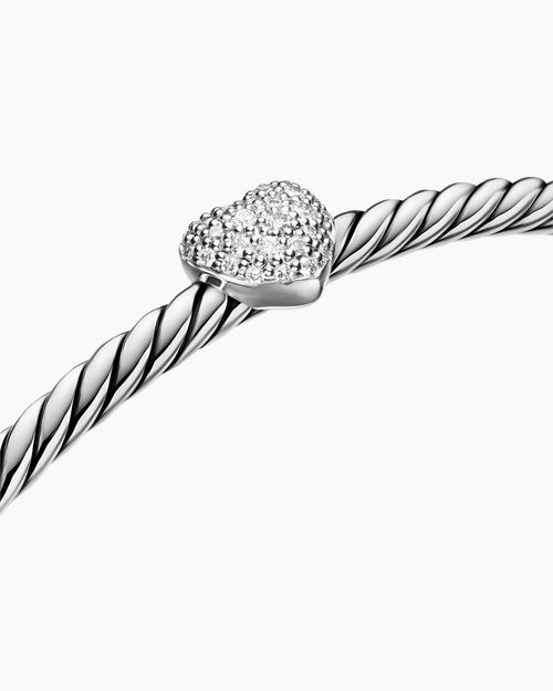 Womens Micro Cable Flex Heart Station Bracelet in Sterling Silver with Diamonds, 2.6mm