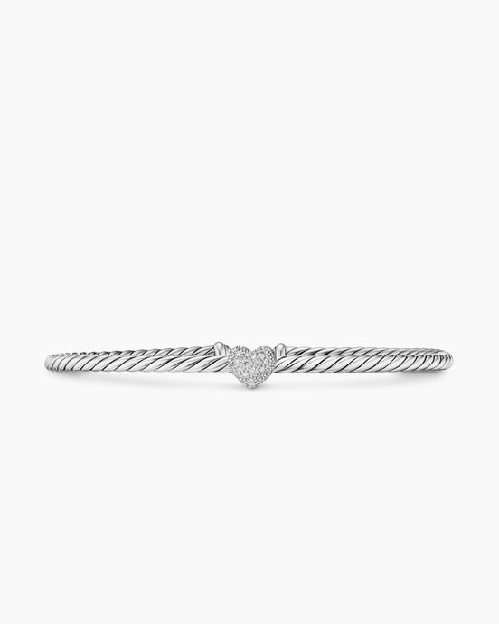 Micro Cable Flex® Heart Station Bracelet in Sterling Silver with Diamonds, 2.6mm