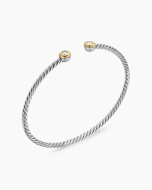 Womens Micro Cable Flex Round Bracelet in Sterling Silver with 14K Yellow Gold and Diamonds, 2.6mm