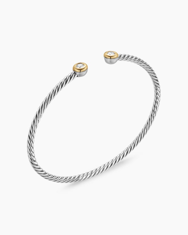 Micro Cable Flex Round Bracelet in Sterling Silver with 14K Yellow Gold and Diamonds, 2.6mm