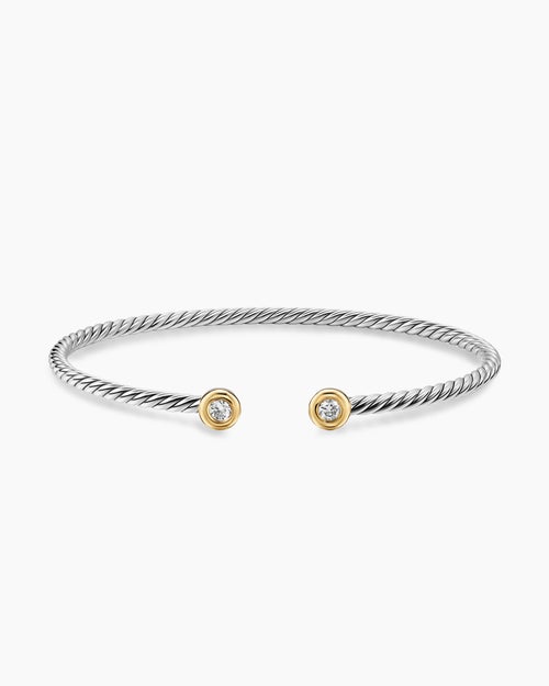 Womens Micro Cable Flex Round Bracelet in Sterling Silver with 14K Yellow Gold and Diamonds, 2.6mm
