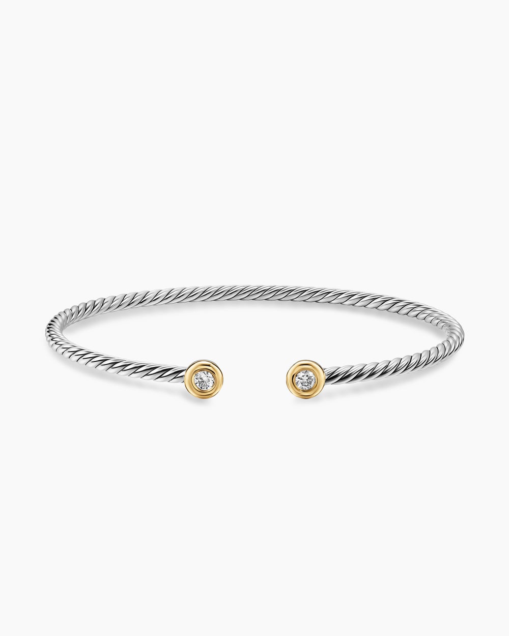 Womens Micro Cable Flex Round Bracelet in Sterling Silver with 14K Yellow Gold and Diamonds, 2.6mm