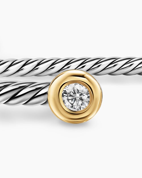 Womens Micro Cable Flex Round Bracelet in Sterling Silver with 14K Yellow Gold and Diamonds, 2.6mm