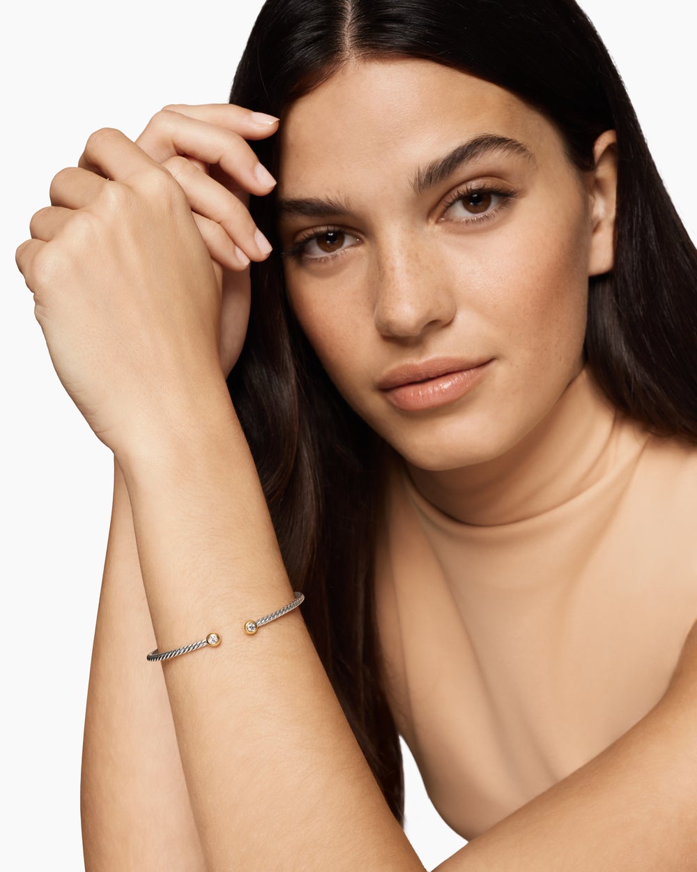 Womens Micro Cable Flex Round Bracelet in Sterling Silver with 14K Yellow Gold and Diamonds, 2.6mm
