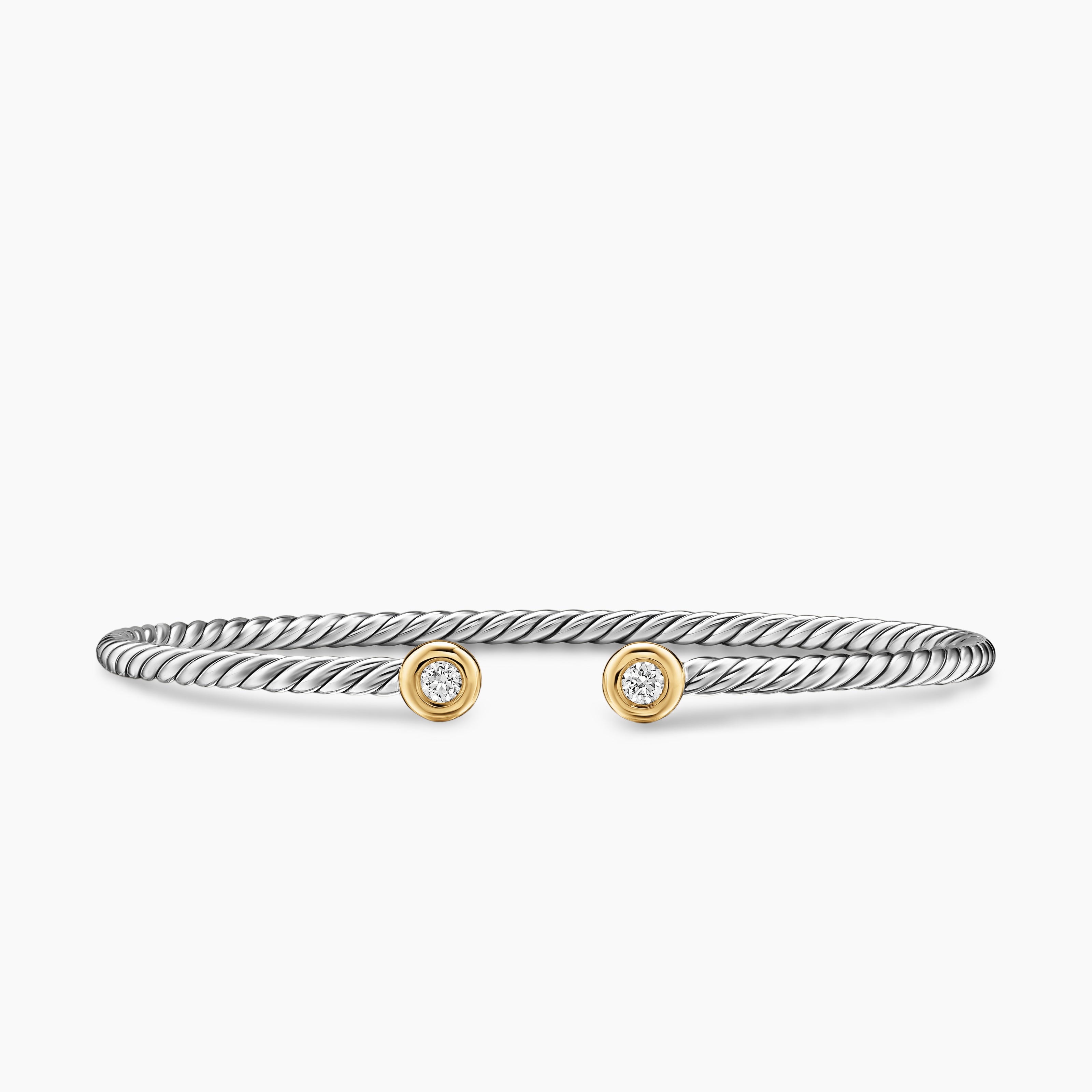 Womens Micro Cable Flex Round Bracelet in Sterling Silver with 14K Yellow Gold and Diamonds, 2.6mm