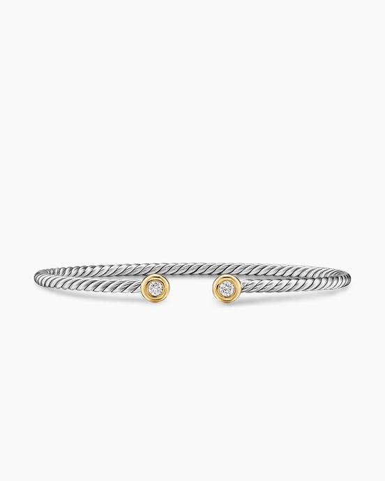 Micro Cable Flex® Round Bracelet in Sterling Silver with 14K Yellow Gold and Diamonds, 2.6mm