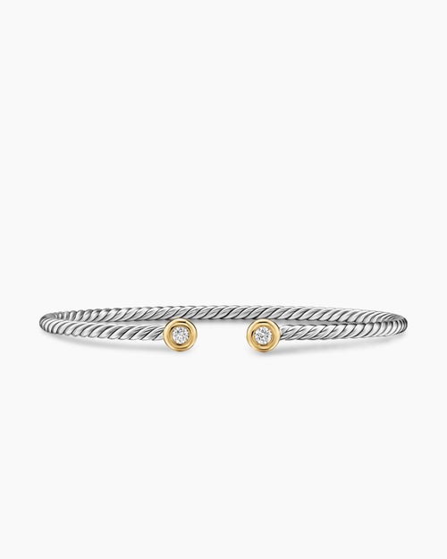 Womens Micro Cable Flex Round Bracelet in Sterling Silver with 14K Yellow Gold and Diamonds, 2.6mm