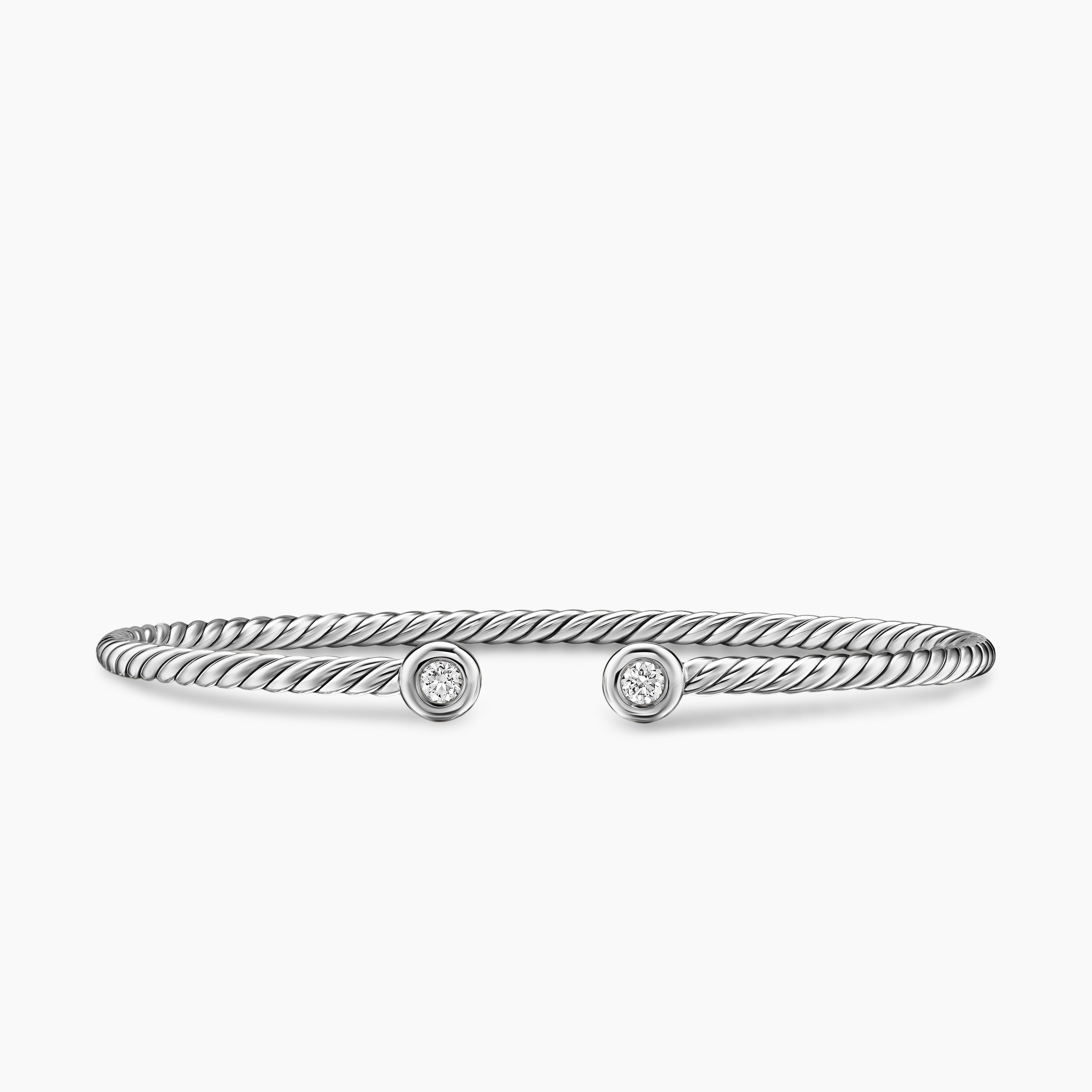 Womens Micro Cable Flex Round Bracelet in Sterling Silver with Diamonds, 2.6mm