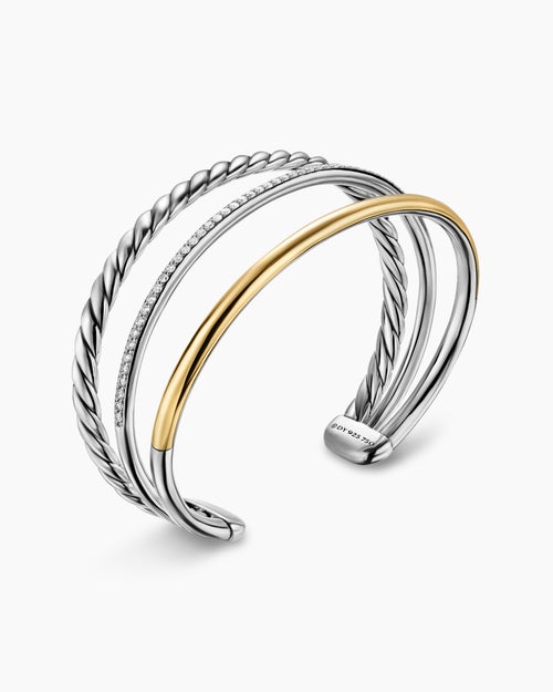 Womens DY Mercer® Three Row Cuff Bracelet in Sterling Silver with 18K Yellow Gold and Diamonds, 10.4mm