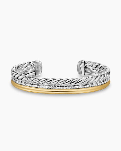 Womens DY Mercer® Three Row Cuff Bracelet in Sterling Silver with 18ct Yellow Gold and Diamonds, 10.4mm