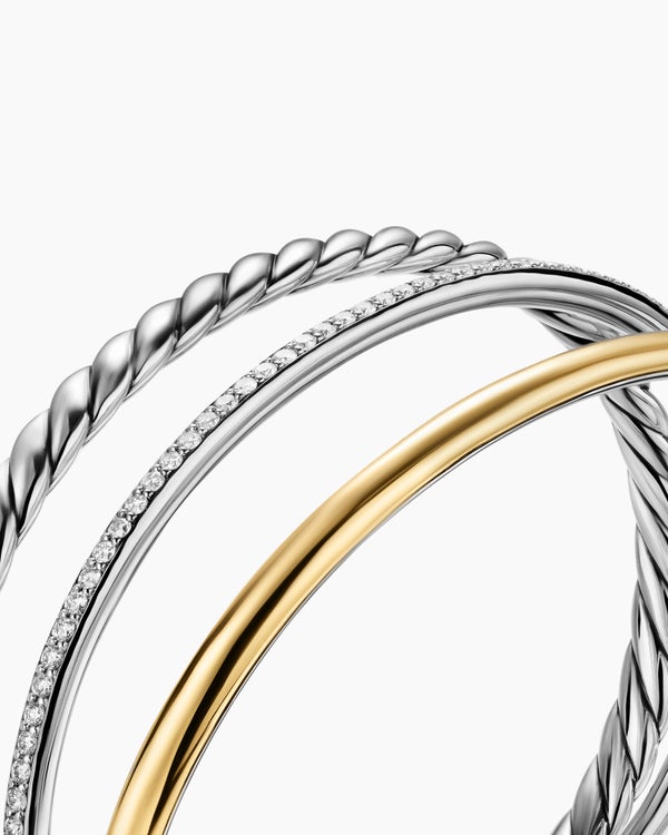 DY Mercer® Three Row Cuff Bracelet in Sterling Silver with 18K Yellow Gold and Diamonds, 10.4mm