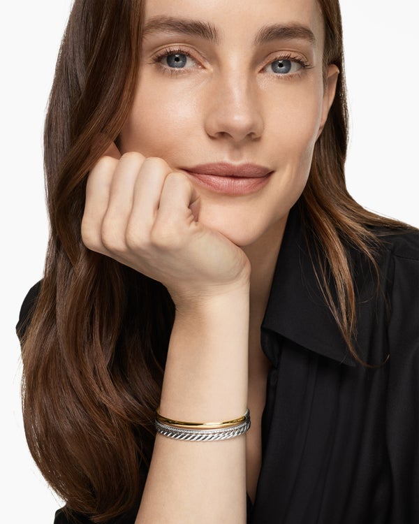 DY Mercer® Three Row Cuff Bracelet in Sterling Silver with 18K Yellow Gold and Diamonds, 10.4mm