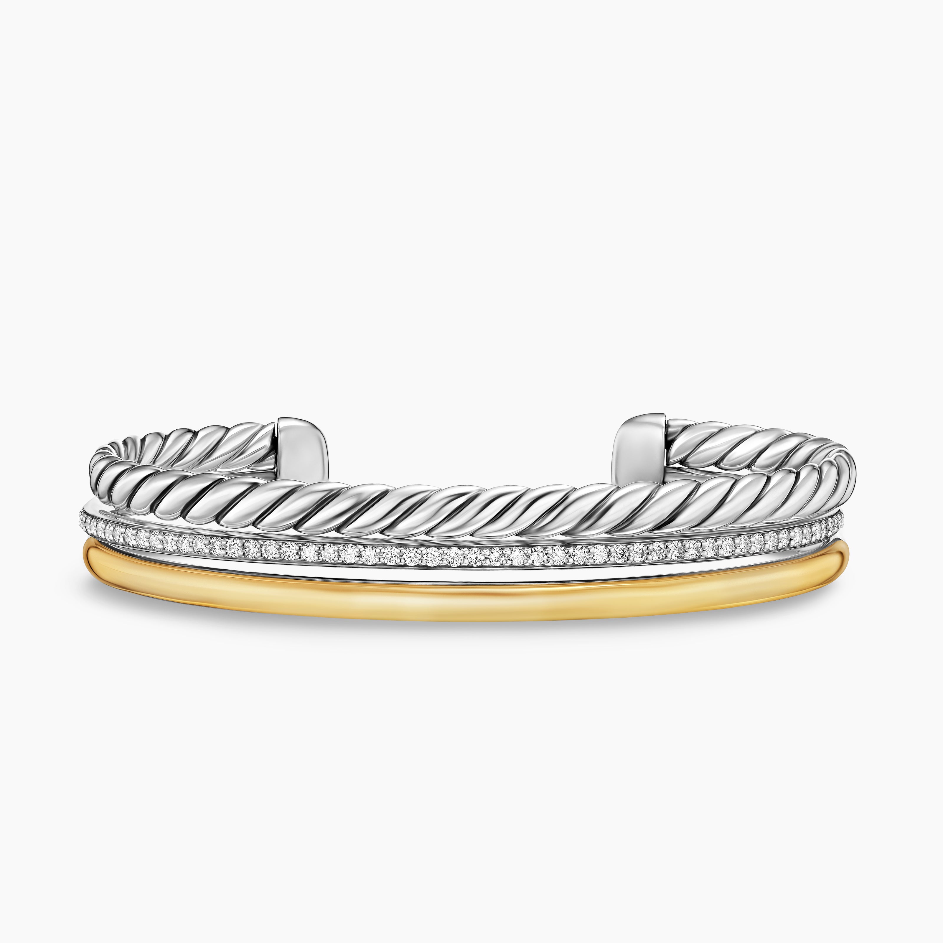 Womens DY Mercer Three Row Cuff Bracelet in Sterling Silver with 18K Yellow Gold and Diamonds, 10.4mm