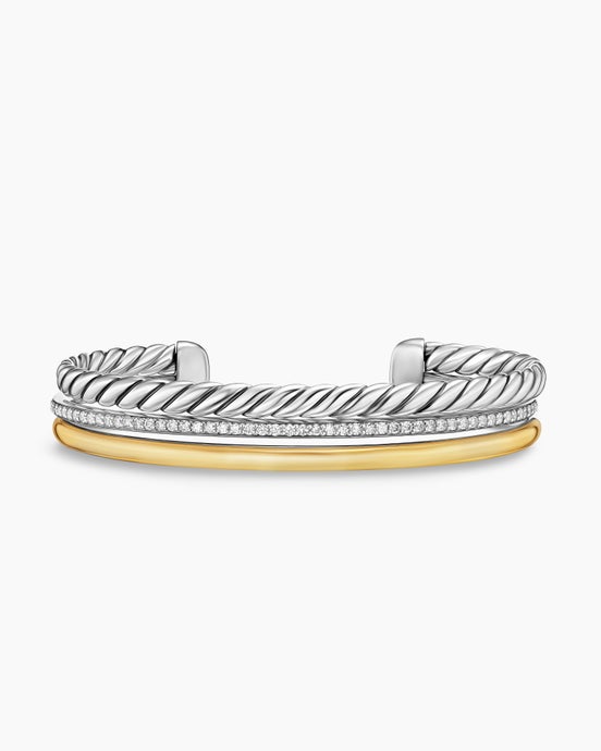 DY Mercer® Three Row Cuff Bracelet in Sterling Silver with 18K Yellow Gold and Diamonds, 10.4mm