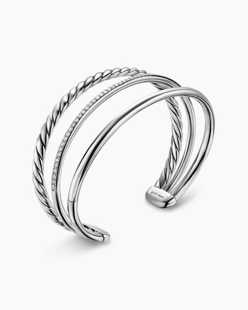 Womens DY Mercer® Three Row Cuff Bracelet in Sterling Silver with Diamonds, 10.4mm