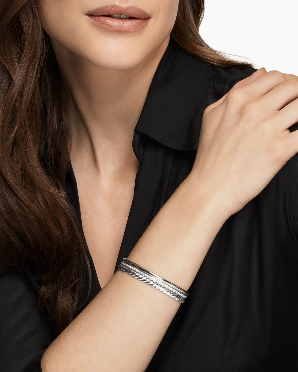 Womens DY Mercer Three Row Cuff Bracelet in Sterling Silver with Diamonds, 10.4mm