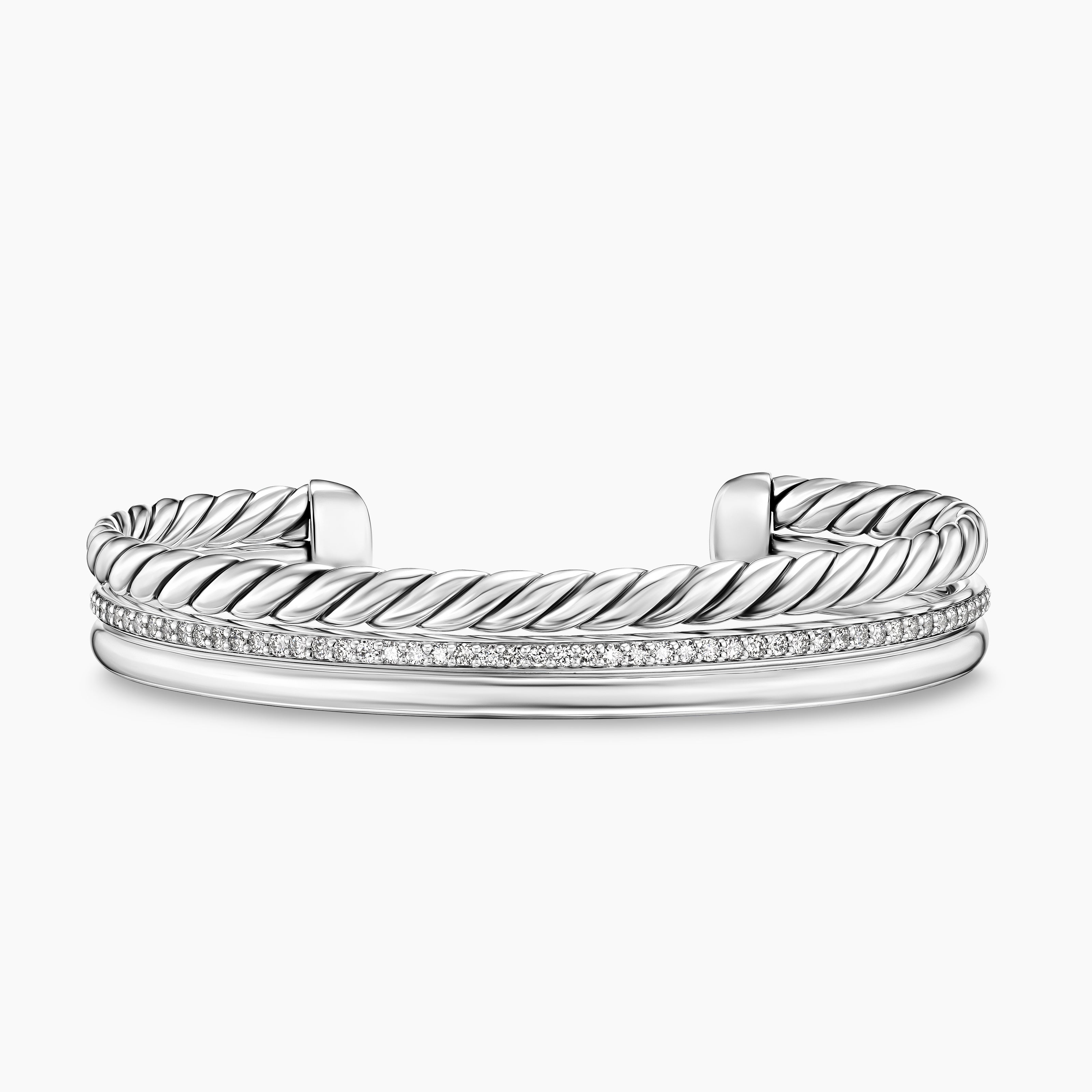 Womens DY Mercer Three Row Cuff Bracelet in Sterling Silver with Diamonds, 10.4mm