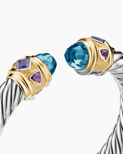 Womens Renaissance® Cable Flex® Bracelet in Sterling Silver with 14K Yellow Gold, Hampton Blue Topaz, Iolite and Amethyst, 9mm