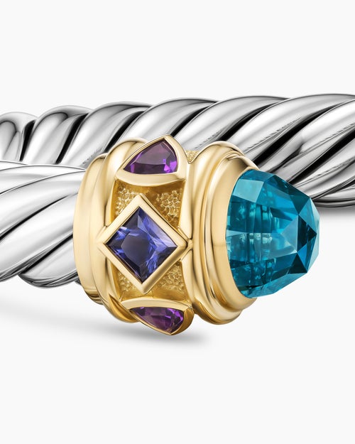 Womens Renaissance® Cable Flex® Bracelet in Sterling Silver with 14K Yellow Gold, Hampton Blue Topaz, Iolite and Amethyst, 9mm
