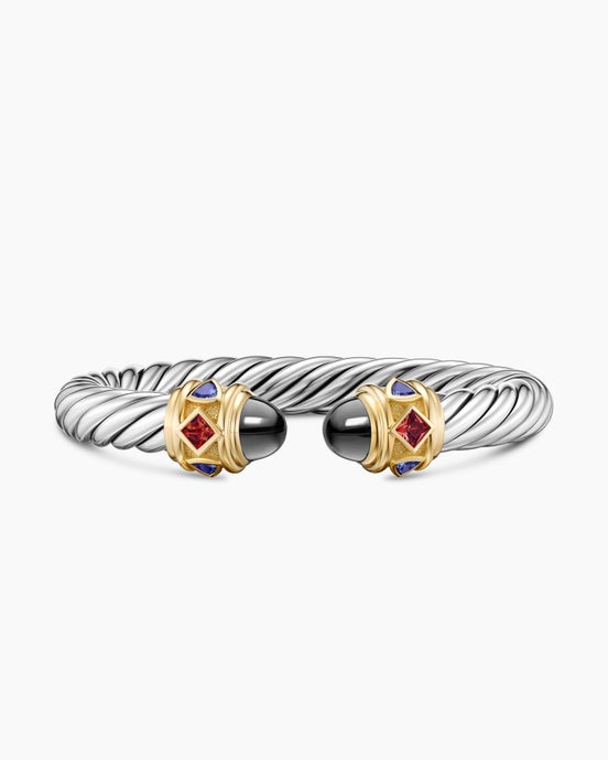 Renaissance® Cable Flex® Bracelet in Sterling Silver with 14K Yellow Gold, Hematine, Rhodolite Garnet and Iolite, 9mm