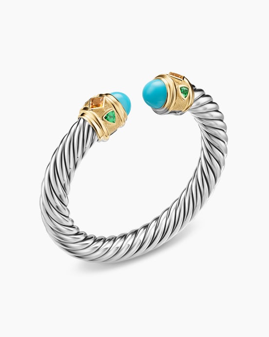 Renaissance® Cable Flex® Bracelet in Sterling Silver with 14K Yellow Gold, Turquoise, Madeira Citrine and Tsavorites, 9mm