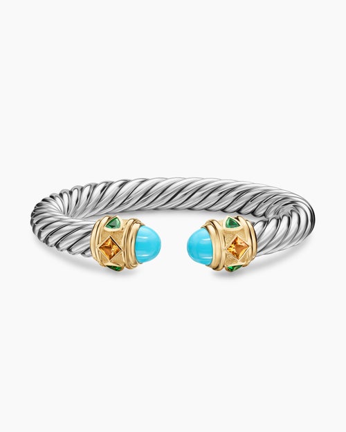 Womens Renaissance® Cable Flex® Bracelet in Sterling Silver with 14K Yellow Gold, Turquoise, Madeira Citrine and Tsavorites, 9mm