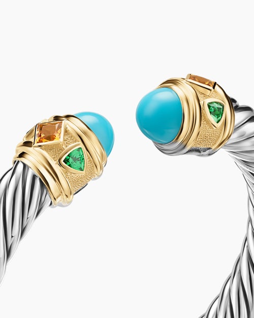 Womens Renaissance® Cable Flex® Bracelet in Sterling Silver with 14K Yellow Gold, Turquoise, Madeira Citrine and Tsavorites, 9mm